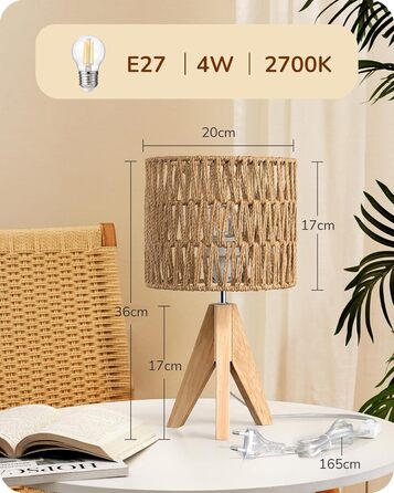 LED настільна лампа EDISHINE з абажуром з ручної роботи, дерев'яною ніжкою, тепле світло 2700K, бохо-стиль, для спальні, вітальні, готелю, з лампочкою E27 4W