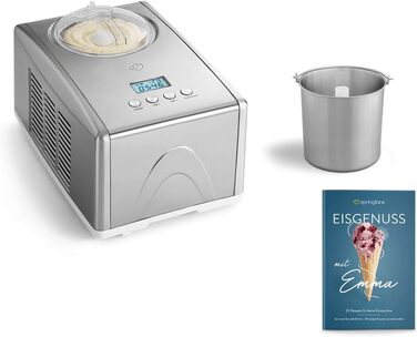 Електрична машина для приготування морозива Springlane 1.5 л з самоохолоджуючим компресором 150 Вт, з нержавіючої сталі з знімним контейнером для льоду, з рецептами (срібна)