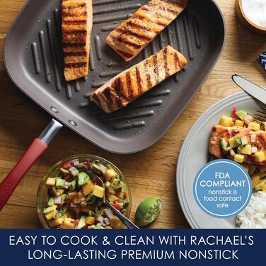 Сковорода-гриль Rachael Ray Cucina, квадратна, 28 см, з антипригарним покриттям, сіра з червоними ручками