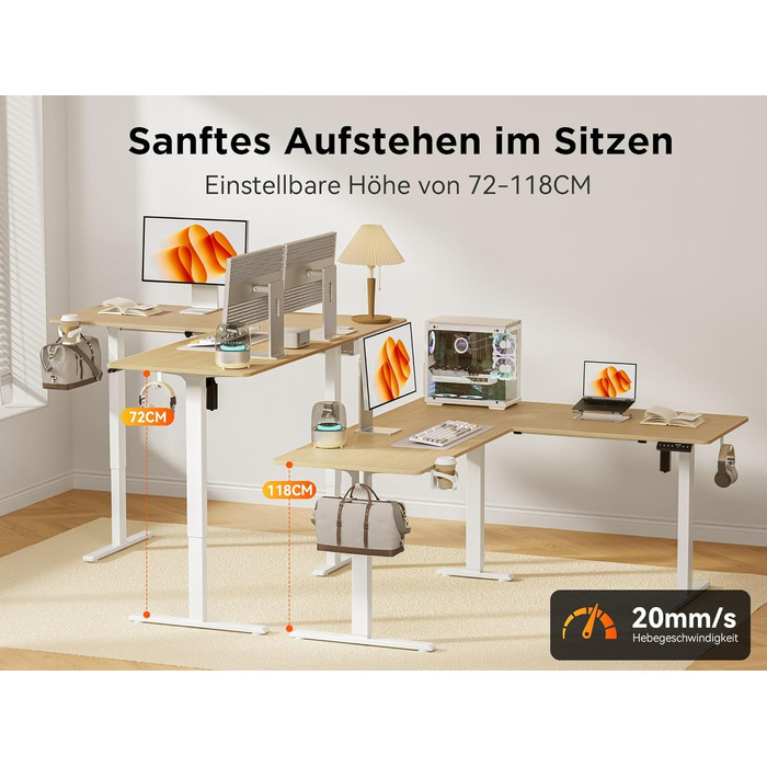 Електричний кутовий стіл WALKINGDESK 190 x 150 см з регулюванням висоти, для офісу, дому, геймінгу, з кабелеуправлінням, колір дуб