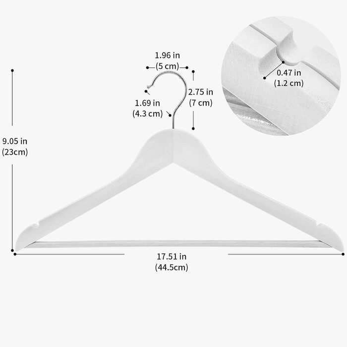 Дерев'яна вішалка з нековзним містком для штанів, гачки 360, виїмки, 44,5x23 см, білий/сріблястий, 50 шт.