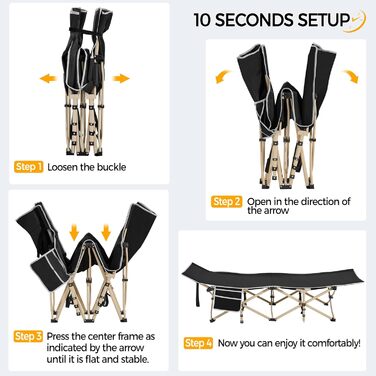 Розкладне ліжко для кемпінгу Yaheetech, похідна шезлонг-ліжка з кишенею та сумкою для транспортування, витримує до 150 кг, чорне