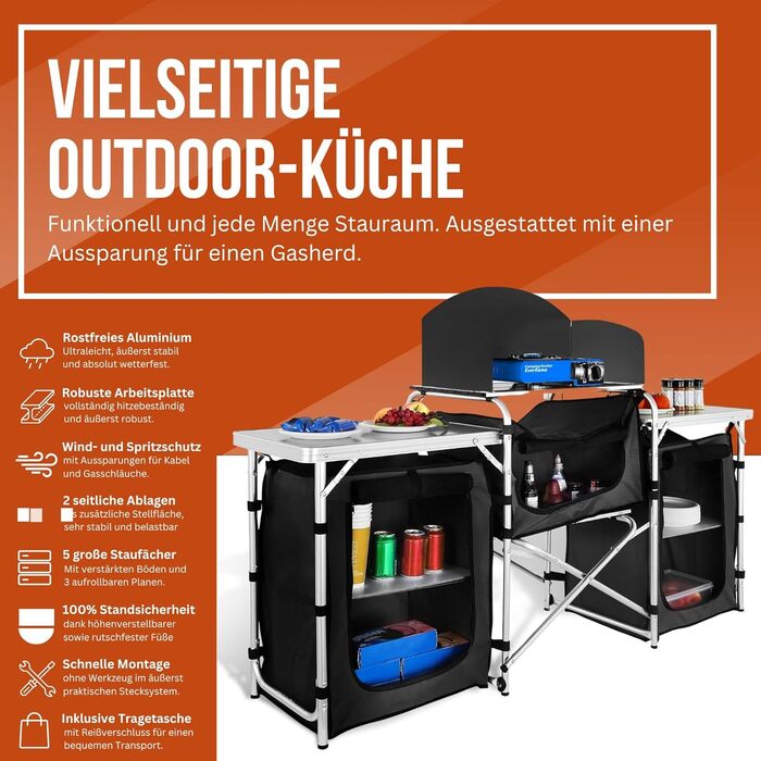 Складний шафа для кемпінгу з робочою поверхнею та полицями для кухні, похідний стіл для кемпінгу, причіп, 175x104x52 см