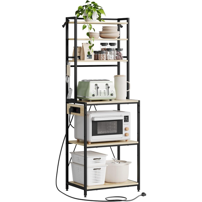 Кухонна полиця WOLTU з 6 ярусами, з розетками, для мікрохвильової печі, з металевим каркасом, регульовані полиці, Чорний+Рустикальне коричневий, 60 x 167 x 40 см (Чорний+світлий дуб, 60 x 39,5 x 167 см)
