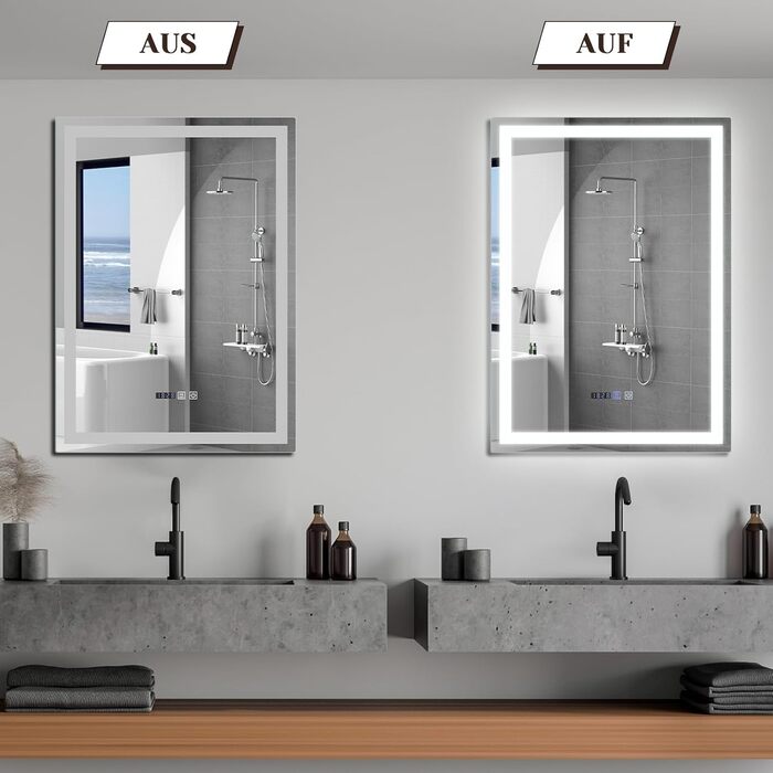 Дзеркало для ванної кімнати Mursche з підсвічуванням LED, 50x70 см, IP44, сенсорний вимикач, годинник, антизапар, регулювання яскравості 3000K-6500K