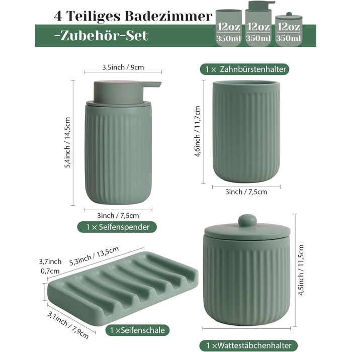 Набір аксесуарів для ванної кімнати 4 шт. з кераміки: дозатор для мила 350 мл, стакан для зубної пасти, мильниця, контейнер для ватних паличок. Декоративний набір для раковини (зелений)