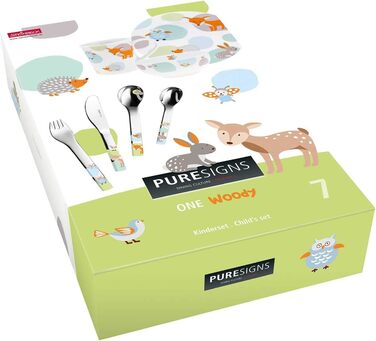Puresigns WOODY Преміум дитячий набір столових приборів: ергономічний набір з нержавіючої сталі з мотивом лісових тварин для хлопчиків та дівчаток (7-ти елементів)