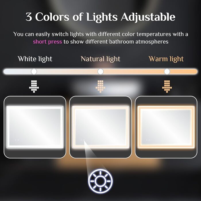 Дзеркало для ванної кімнати з підсвіткою 80x60 см, LED дзеркало з 3 кольорами світла, регульована яскравість, захисне скло, сенсорне управління, функція пам'яті, запобігання запотіванню, 60L x 80B cm