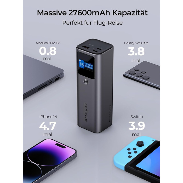 Вт, Power Bank 27600 мАг, зовнішній акумулятор USB C, 3 порти, цифровий дисплей, швидка підзарядка 140 Вт, для ноутбуків, планшетів, смартфонів, навушників тощо, 140