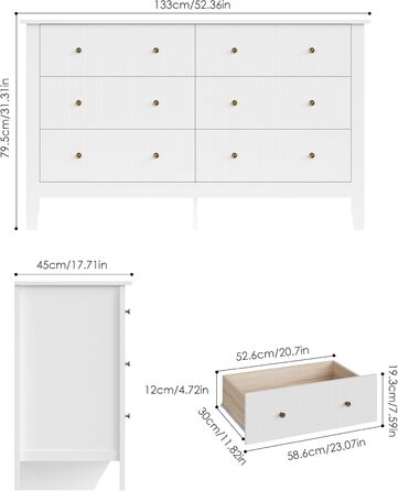 Комод білий з 6 шухлядами для спальні, вітальні, передпокою, 133x45x79.5см, 133