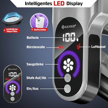 Бездротовий акумуляторний пилосос KESSER® з LED дисплеєм, до 60 хв роботи, тихий, без мішка, з антизаплутуючою насадкою, HEPA фільтром, аромакапсулою (чорний/сірий)