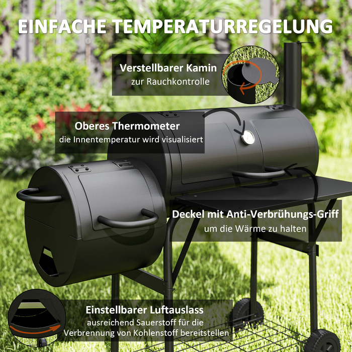 Сталевий вугільний гриль Outsunny BBQ Smoker з кришкою, термометром, колесами, полицею, рухомий гриль-візок з регулюванням подачі повітря, вугільний кошик, вугільний гриль для барбекю, кемпінгу, саду 109x60x120 см | Aosom