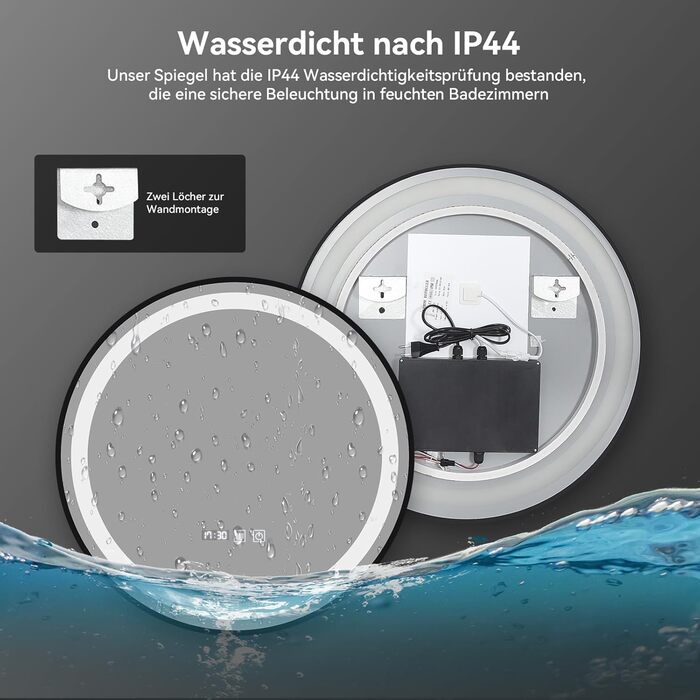 Дзеркало для ванної кімнати YOURLITE з підсвічуванням, 60 см, кругле, LED, 3 кольори, регулювання яскравості, сенсорний вимикач, антизапарник, пам'ять, IP44, чорний