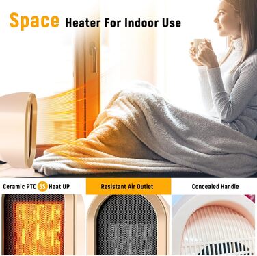 Електричний обігрівач Feebee: енергозберігаючий, тихий, 800/1200W, портативний, з контролем температури та захистом від перегріву та перекидання. Підходить для спальні, дому, офісу. (Білий/Бежевий)