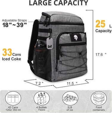 Тактичний рюкзак-холодильник 25L, вологостійкий та міцний, великий ланч-рюкзак, водонепроникний, для чоловіків, жінок, роботи, подорожей, кемпінгу, пляжу та походів (сірий)