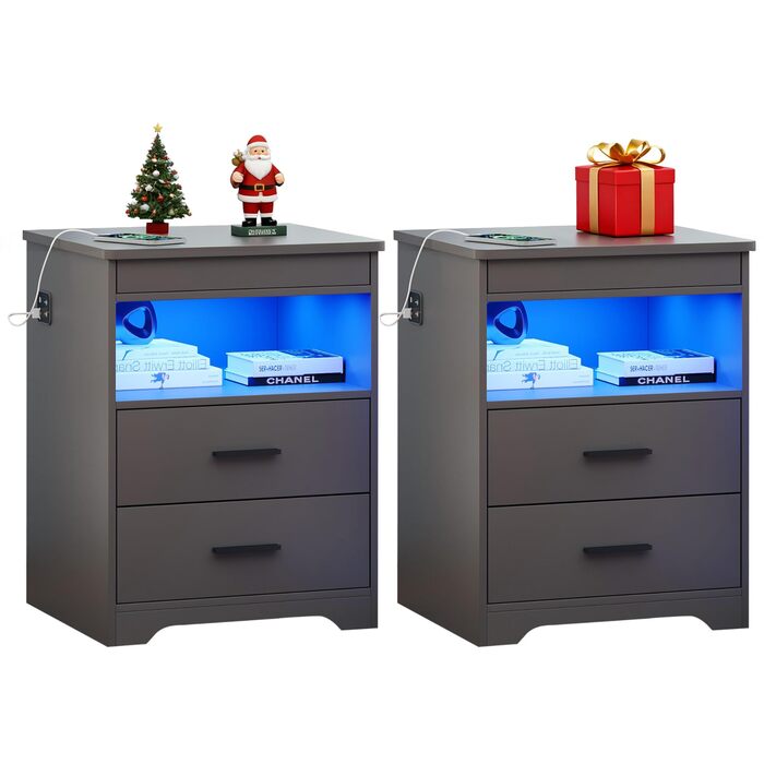 Нічний столик FREDEES з LED-підсвічуванням, ящиком та зарядкою, сірий (2 кольори)