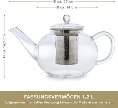 Скляний чайник Creano Glass Teapot 3 частини з вбудованим ситечком з нержавіючої сталі та скляною кришкою, ідеально підходить для приготування чаю оптом, без крапель, все в одному (1.2 л)