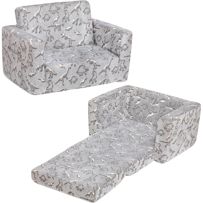 Дитяче диван-ліжко BEJOY 2 в 1 з розкладним механізмом, м'яке крісло, дитячий диван з Sherpa тканини, сірий з динозаврами, ідеальний подарунок для дівчаток та хлопчиків