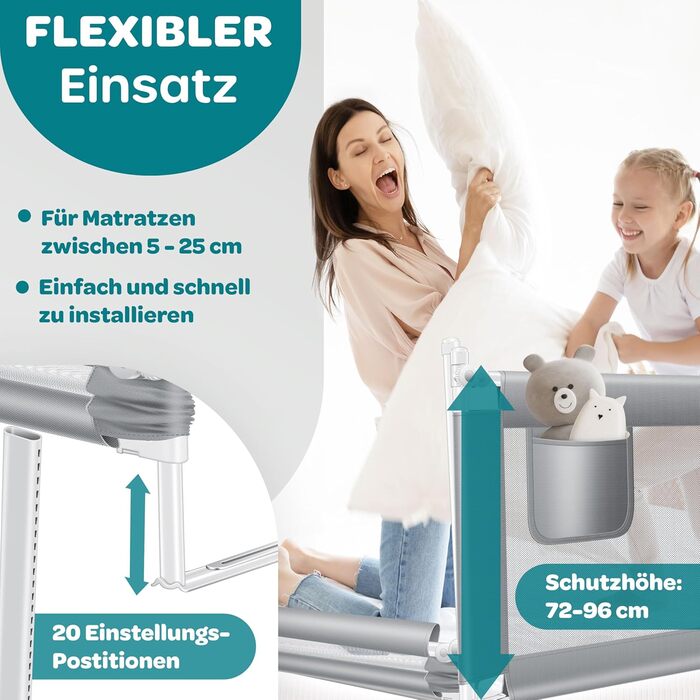 Захисний бортик для ліжка KESSER 150 см: сітчастий бортик-перегородка для дитячого ліжка, складаний, регульований по висоті, сірий
