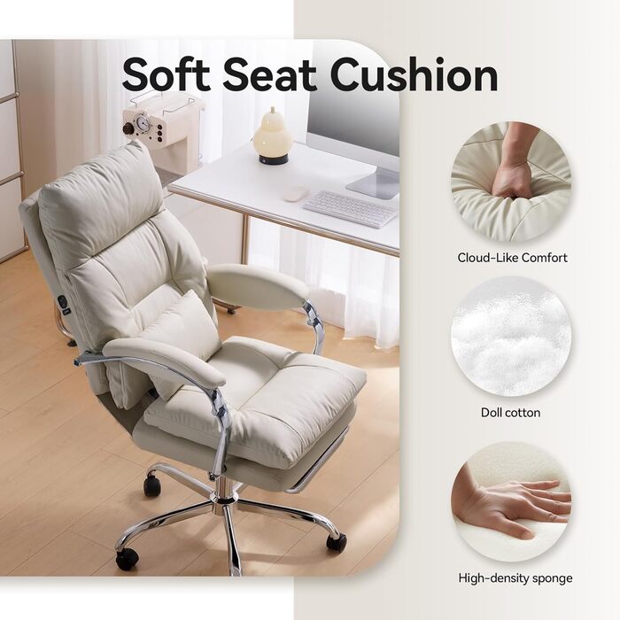 Крісло офісне EMIAH з підніжкою, комфортне крісло для роботи з підлокітниками, ергономічний крісло для начальника з PU шкіри та роликами, ігрове крісло з потовщеною подушкою, без функції масажу (Бежевий)