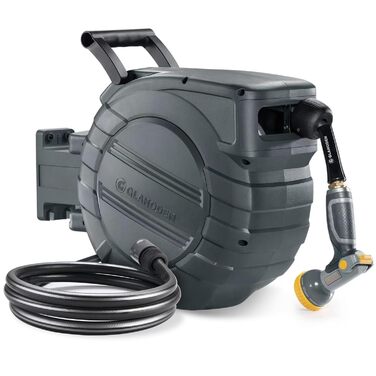 Шланговий барабан GLAHODEN з шлангом для саду 40 м + 2 м, стійкий до сонця та морозу, поворотний на 180°, настінна шланговий бокс з 9-функціональною розпилювальною насадкою (30 м)