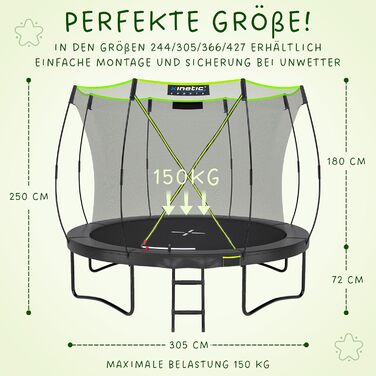 Батут Kinetic Sports 'Ultimate Pro' Ø 305 см для дітей з драбиною та захисною сіткою - чорно-неоново-зелений