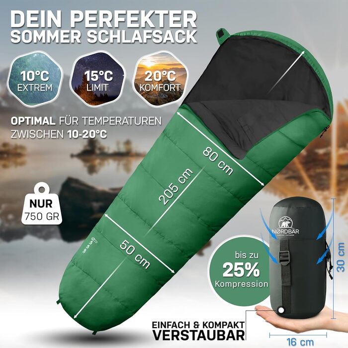 NORDBÄR® Спальний мішок 3 сезони та літній, ультралегкий, 750г/1500г, для кемпінгу, муміє, компактний, 100GSM/300GSM, для подорожей, готелів, літній спальний мішок