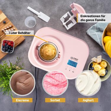 Електрична машина для приготування морозива TZS First Austria 1L з компресором 3 в 1 - для морозива, сорбету та замороженого йогурту, з мірним стаканом та лопаткою, рожева