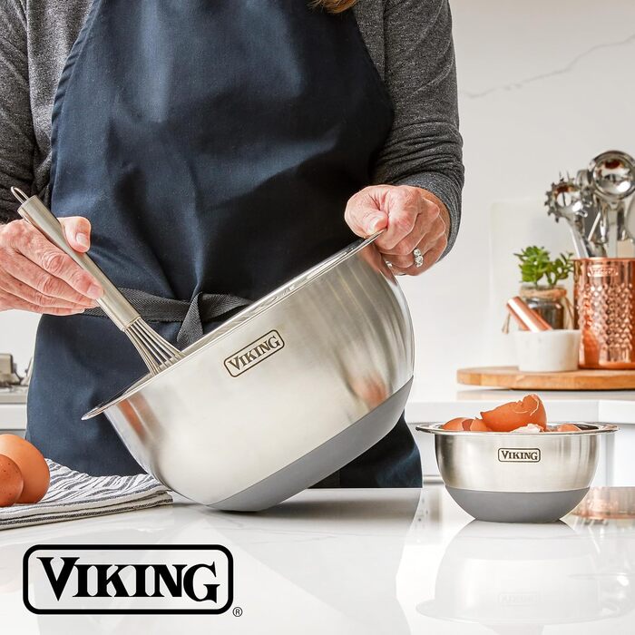 Набір місок для змішування Viking Culinary з нержавіючої сталі, 10 шт. | Силіконова неслизька основа | З герметичними кришками | Можна мити в посудомийній машині | Сірий колір