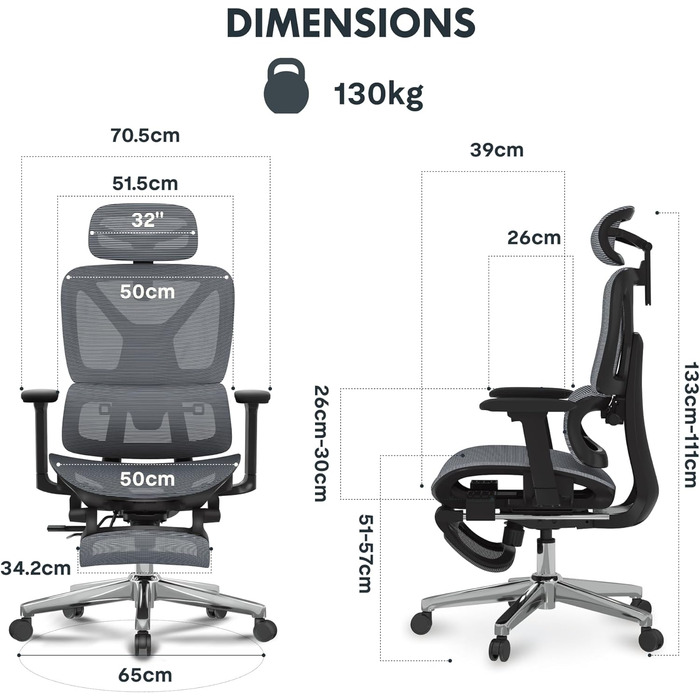 Офісний стіл FLEXISPOT C7 Lite-Mesh: ергономічний крісло з 3D підлокітниками, 3D підголівником та 5D спинкою. Макс. навантаження 130 кг, сірий колір.