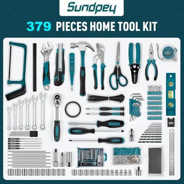 Набір інструментів Sundpey 379 предметів в кейсі з висувним ящиком, універсальний набір для дому та ремонту, синій
