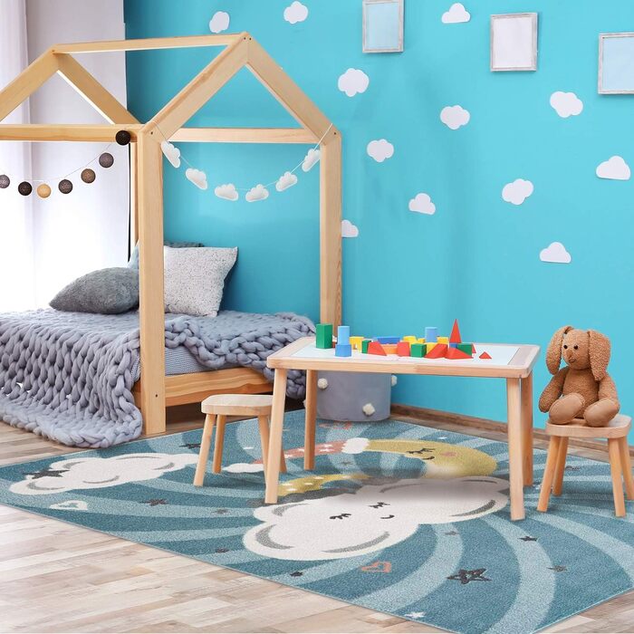 Килимок Дитяча кімната - Синій - 120x160см - Хмари, місяць і зірки - Ігровий килимок Дитячий килимок з коротким ворсом - Oeko-Tex Standard 100 (140 x 200 см)