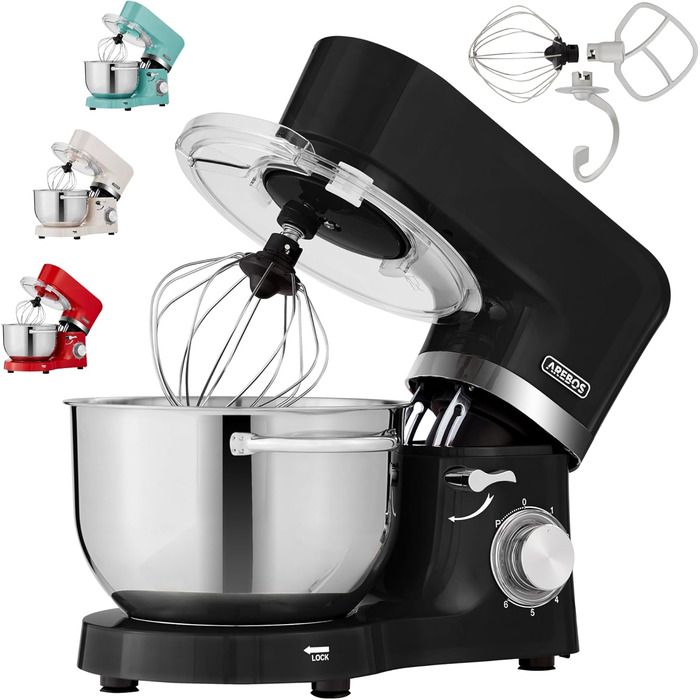 Кухонна машина Arebos 1500W чорного кольору | Міксер з 2 чашами з нержавіючої сталі 4.5 та 5.5L | Тиха робота | 6 швидкостей, набір насадок (крюк для тіста, вінчик, гак для збивання)