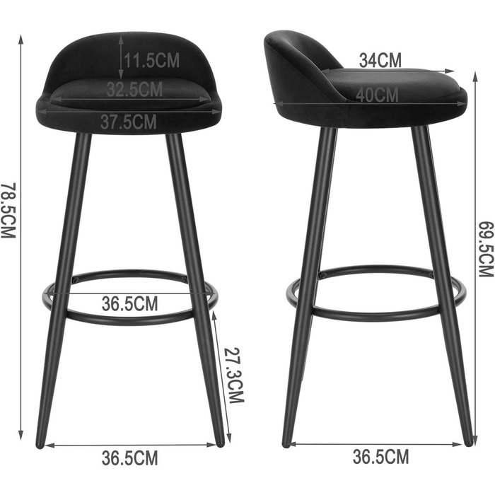 Набір барних стільців з 2 шт. , оксамит/метал, чорний, зі спинкою та підставкою для ніг, 296sz-2