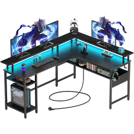 Ігровий стіл Rolanstar L-подібної форми з LED-підсвіткою та розеткою, 137 x 108 см, комп'ютерний стіл з підставкою для монітора та місцем для зберігання, реверсивний кутовий стіл для офісу/домашнього офісу (чорний)