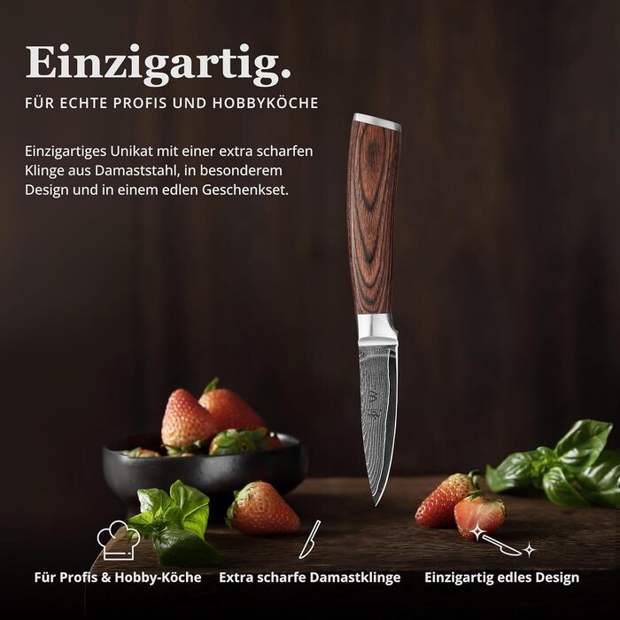 Ніж Wakoli EDIB офісний з дамаської сталі (серцевина VG10), 8,5 см - гострий та компактний. Підходить для кухні, фруктів та овочів. Дамаський ніж з ручкою з паккавуду в подарунковій коробці.