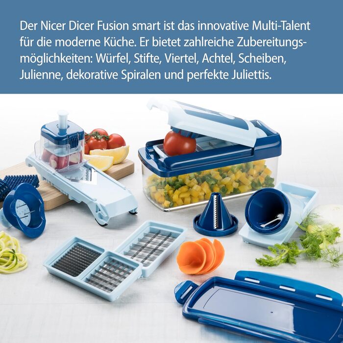Nicer Dicer Fusion Smart Julietti - набір для нарізки овочів та фруктів, м'ятно-зелений, 16 частин | Нарізання, тертя, жульєн, спіралі, кубики | Новинка