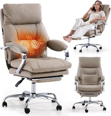 Офісний крісло EMIAH з підставкою для ніг, ергономічний крісло для офісу та дому, комп'ютерне крісло з PU шкіри, з підлокітниками та роликами (Хакі)