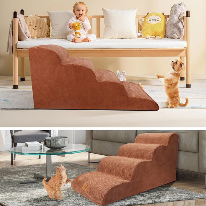 Сходи для собак HEVOL 2 сходинки, висота 40 см, губка, для собак та котів, портативна, миється, диван-ліжко, 1 ворсистий валик (4 сходинки коричневого кольору)