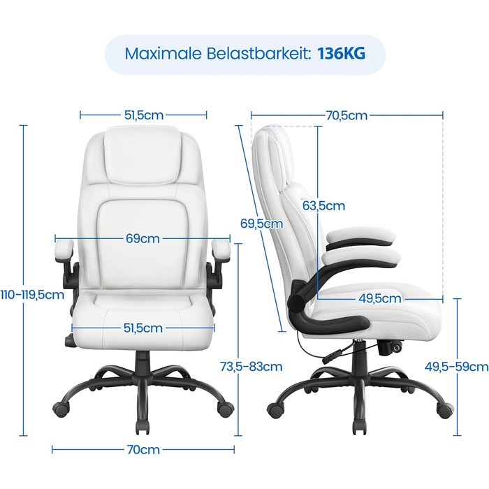 Ергономічне офісне крісло Yaheetech, крісло керівника, складний підлокітник, висока спинка, штучна шкіра, білий