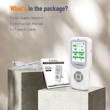 Детектор якості повітря LifeBasis 10 в 1: Формальдегід, AQI, PM2.5, PM10, HCHO, TVOC, CO2, Температура, Вологість. USB-зарядка для дому та офісу