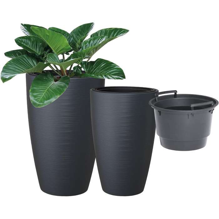 Горщик для квітів MELTOM Blumenkübel, XXL-58см, антрацит, знімний вкладиш, горизонтальні смуги