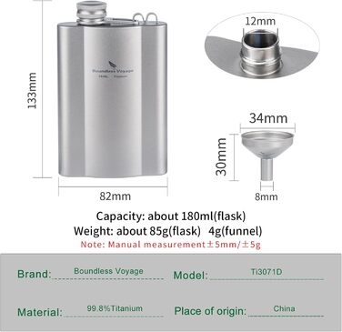 Плоский фляга iBasingo з титану 180мл: ультралегкий, портативний, для напоїв, з воронкою. Ti3071D/Ti3071d-180ml, срібляний