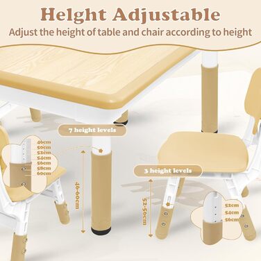 Дитячий стіл зі стільцями (2 шт.) 80x60 см, регульована висота, для дитячого садка, ідеально для ігор, малювання та розмальовування. Легко миється. Набір столу та стільців для дітей від 2 років (Бежевий)