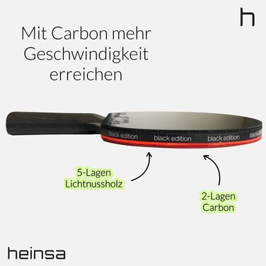 Професійна ракетка для настільного тенісу heinsa Carbon ITTF, схвалена для змагань, чорного кольору, виготовлена зі світлого горіхового дерева з преміальною упаковкою і кульками, чорного кольору, з 2 кульками і футляром