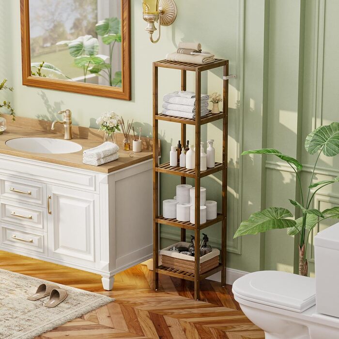 SMIBUY Поличка для ванної кімнати, 5 рівнів, бамбукова поличка, органайзер, багатофункціональна поличка для вітальні, спальні, кухні. 5 полиць (5 полиць, горіх)