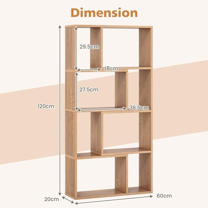 Стелаж GIANTEX з 8 секціями, 60 x 20 x 120 см, з кріпленням від перекидання, для вітальні та дитячої кімнати (білий, натуральний колір)