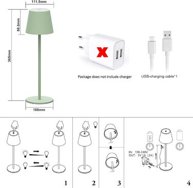 Акумуляторна настільна лампа Klighten LED з можливістю затемнення, бездротова, USB-C, 3000K, алюміній, IP54, зелений, набір з 2 шт.