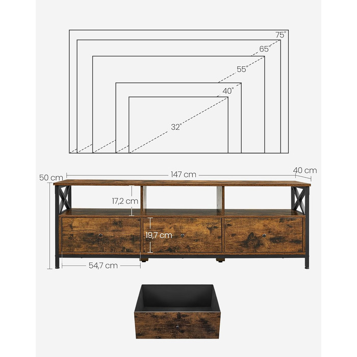 Тумба під телевізор VASAGLE до 80 дюймів, лофт, 3 шухляди, 3 полиці, вітальня, сталевий каркас, коричнево-чорний LTV302B01