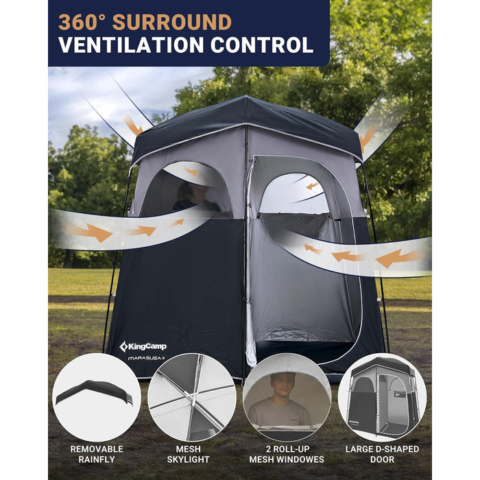 Намет для душу KingCamp великого розміру для кемпінгу, роздягальня, портативний укриття, душ, приватність, одно-/двомісний, 200 x 105 x 203 см, чорний/сірий